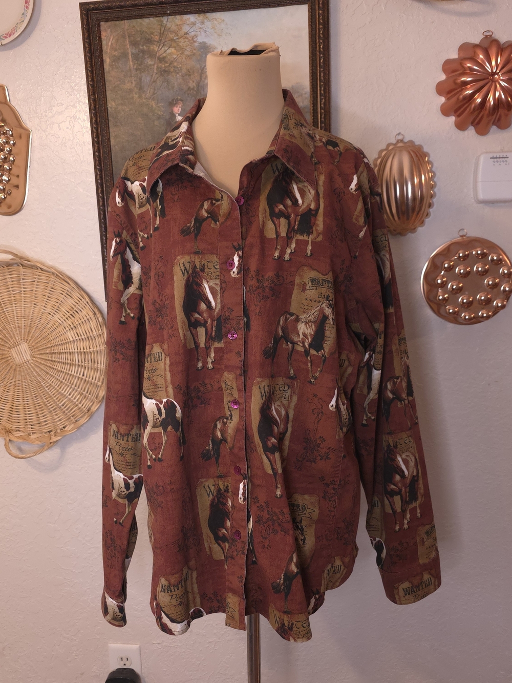 Vintage Bit & Bridle Women’s 1X Western Horse Print Button Down Shirt